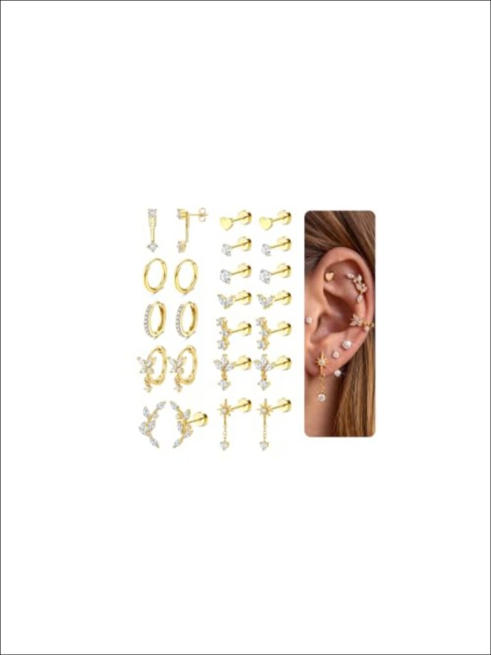 Hypoallergenic Flat Back Earrings 14K Gold Plated Surgical Steel Cartilage Stack